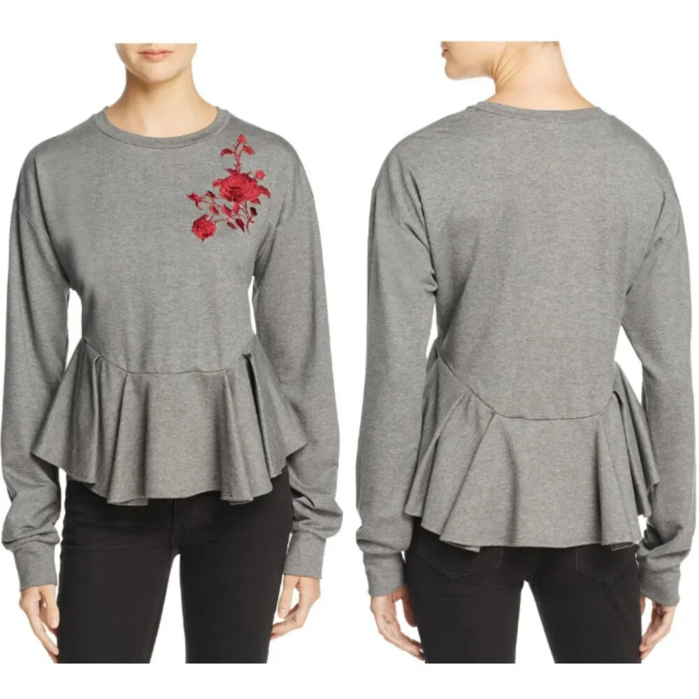 PETERSYN Gray Ruffled Floral Long Sleeve Crew Neck Peplum Sweater 22138